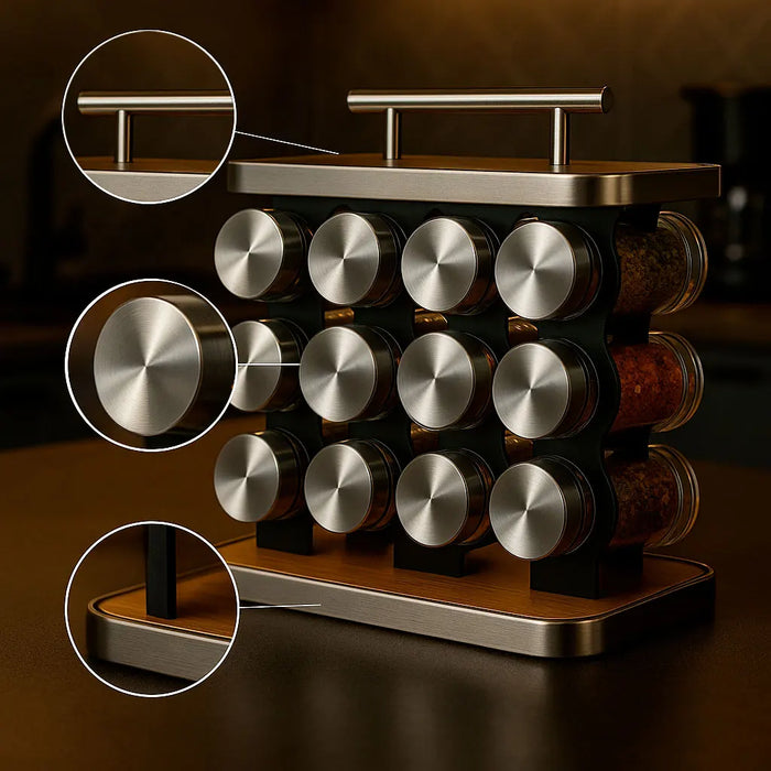 Estrutura vertical do porta-temperos com alça superior.