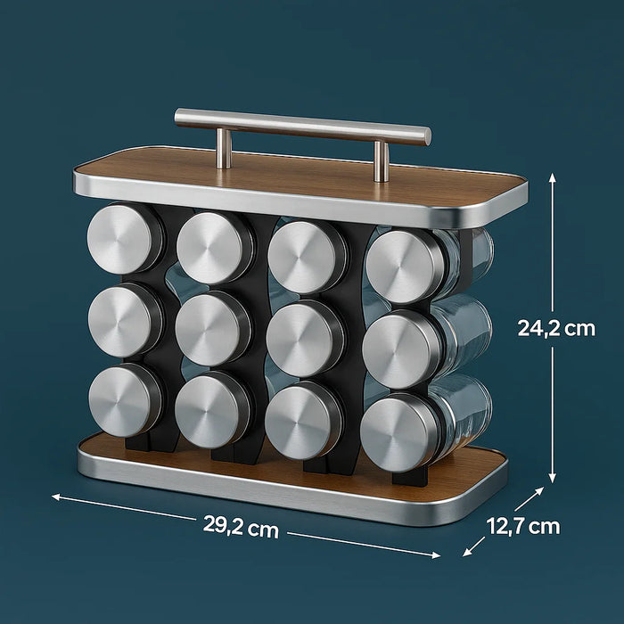 Medidas e detalhes do conjunto com 12 frascos.