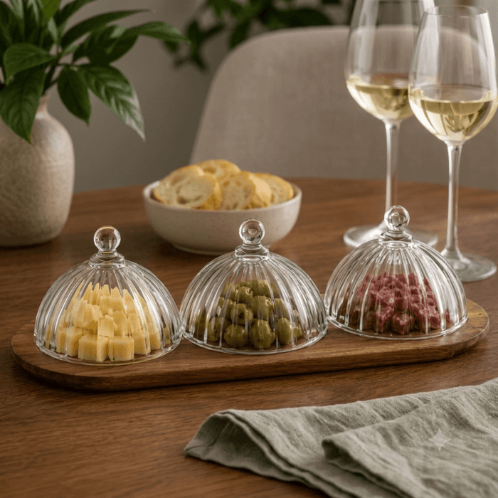 Petisqueira gourmet com tampa de vidro.