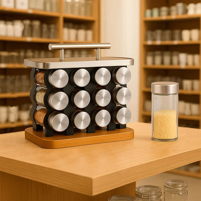 Porta-temperos vertical sobre bancada de cozinha moderna.