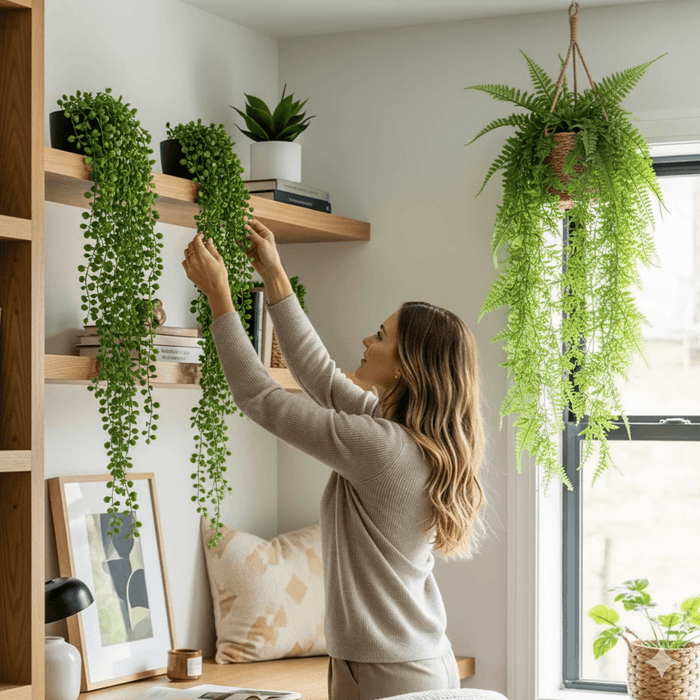 folhagem decorativa de parede,
jardim vertical artificial,
planta pendente artificial,
folhagem artificial realista,
painel verde decorativo,